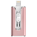 Metal dual-interface USB flash drive with Lightning and USB connectors in black, silver, or gold.