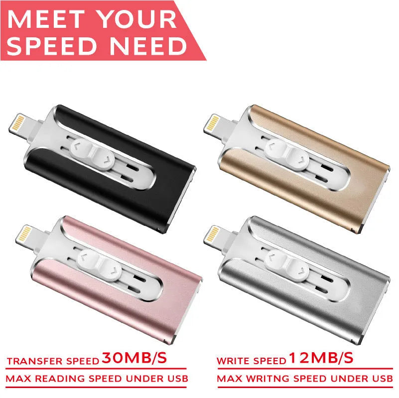 Metal dual-interface USB flash drive with Lightning and USB connectors in black, silver, or gold.