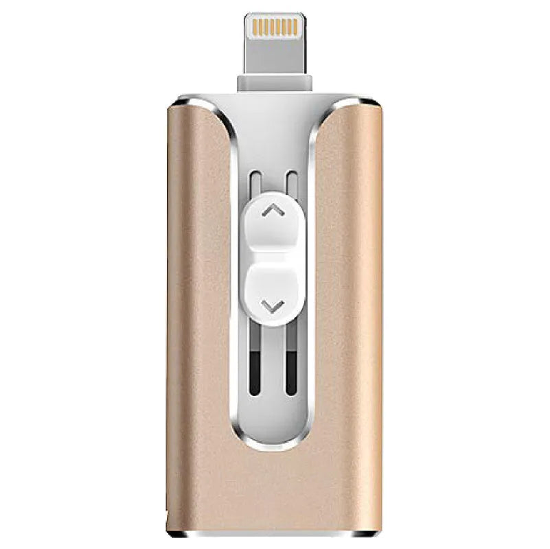 Metal dual-interface USB flash drive with Lightning and USB connectors in black, silver, or gold.