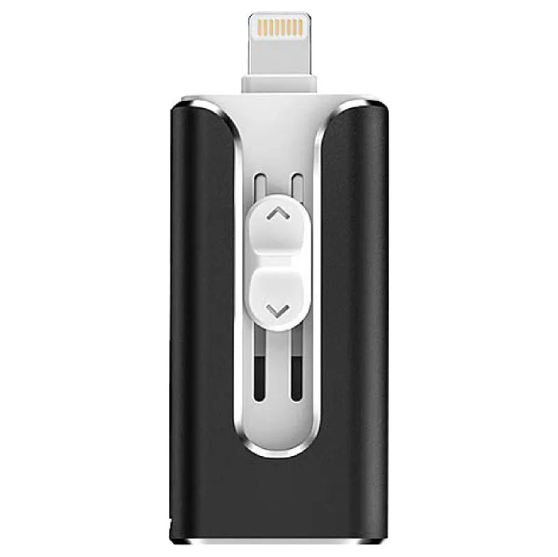 Metal dual-interface USB flash drive with Lightning and USB connectors in black, silver, or gold.