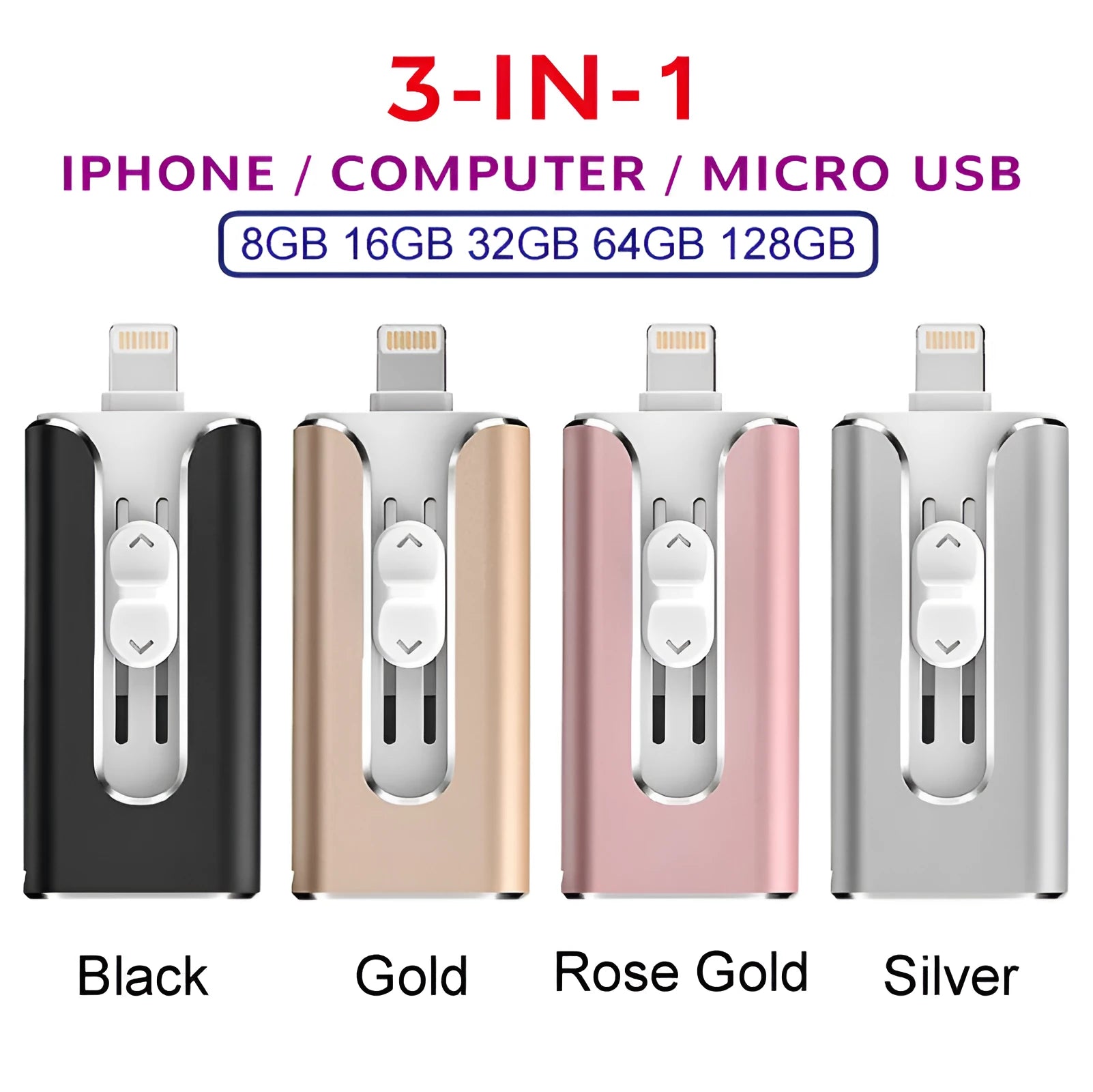 Metal dual-interface USB flash drive with Lightning and USB connectors in black, silver, or gold.