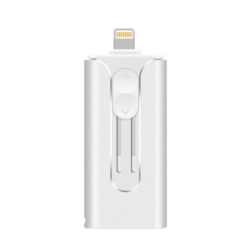 Metal dual-interface USB flash drive with Lightning and USB connectors in black, silver, or gold.