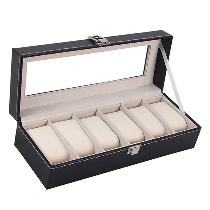 Black wooden watch display box with six individual watch windows.