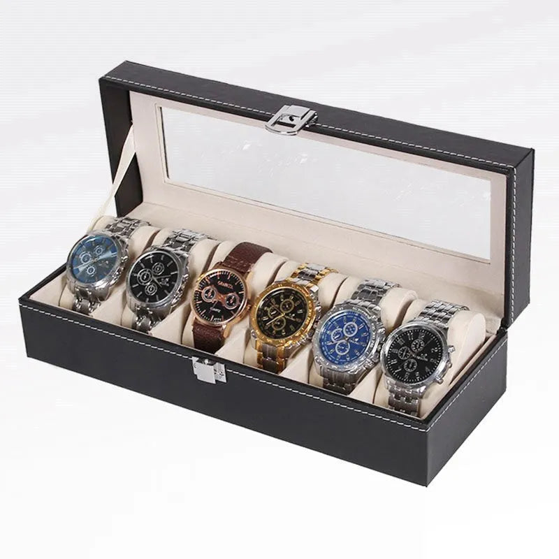 Black wooden watch display box with six individual watch windows.