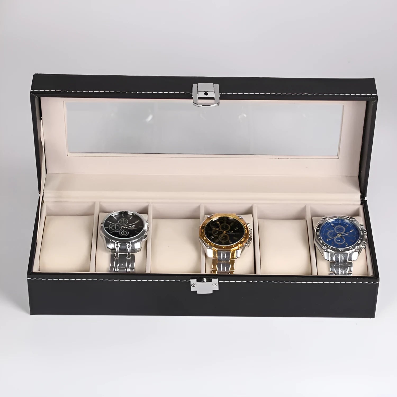 Black wooden watch display box with six individual watch windows.