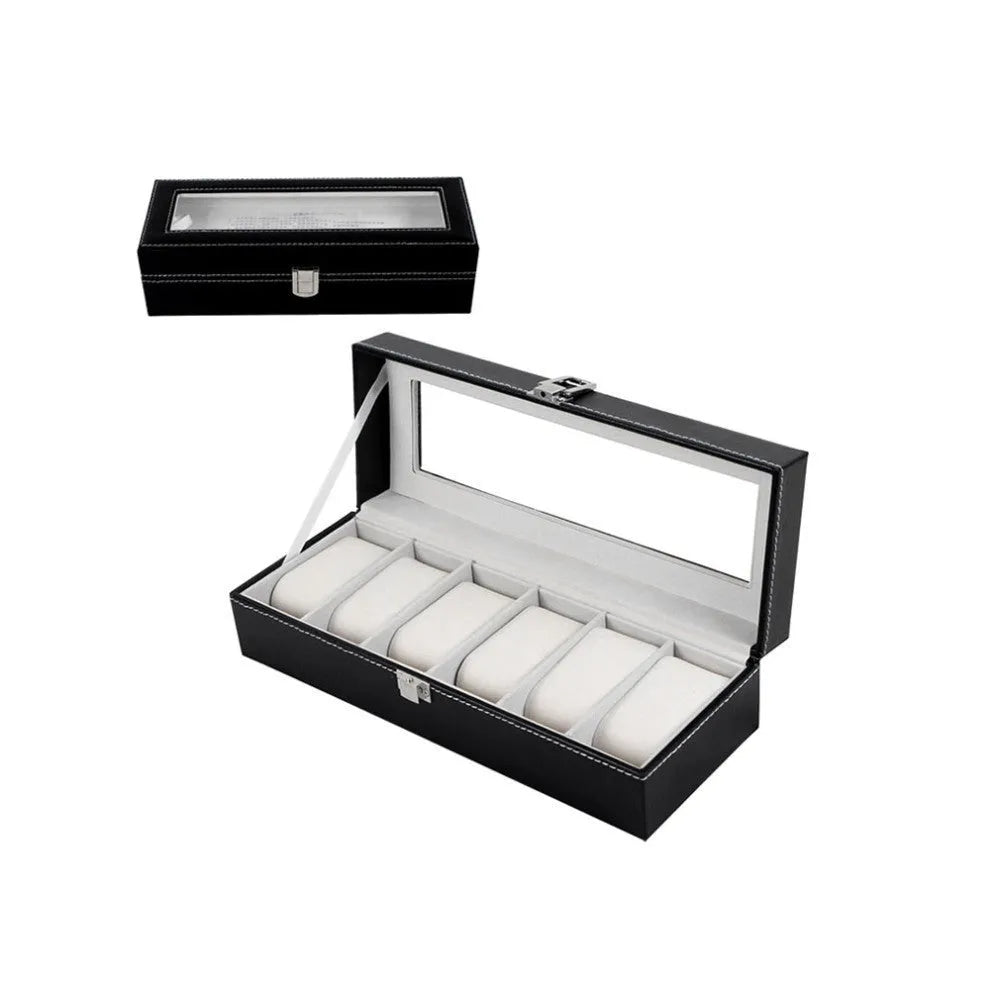 Black wooden watch display box with six individual watch windows.