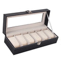 Black wooden watch display box with six individual watch windows.