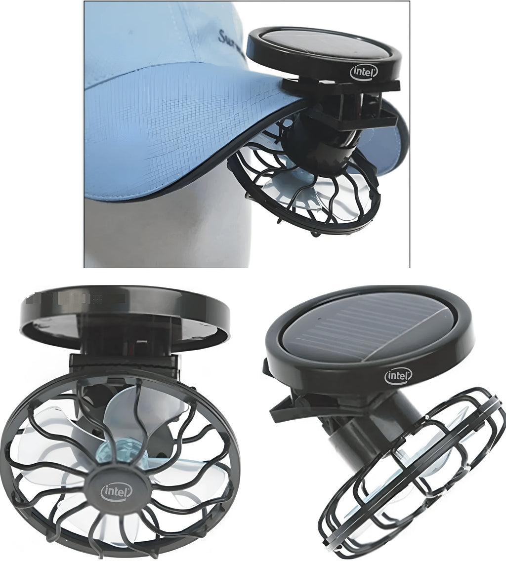 Black portable solar-powered clip-on cooling fan panel for outdoor use.
