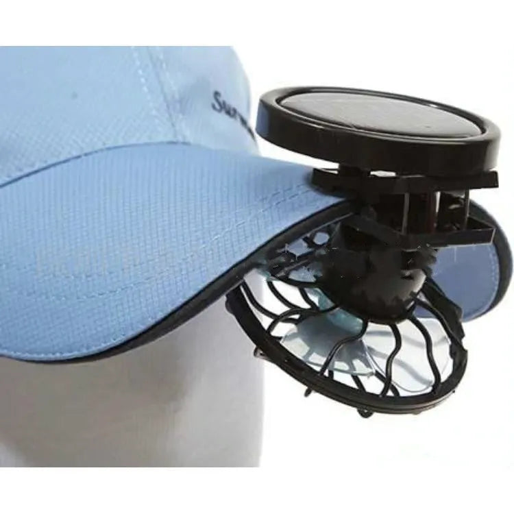 Black portable solar-powered clip-on cooling fan panel for outdoor use.
