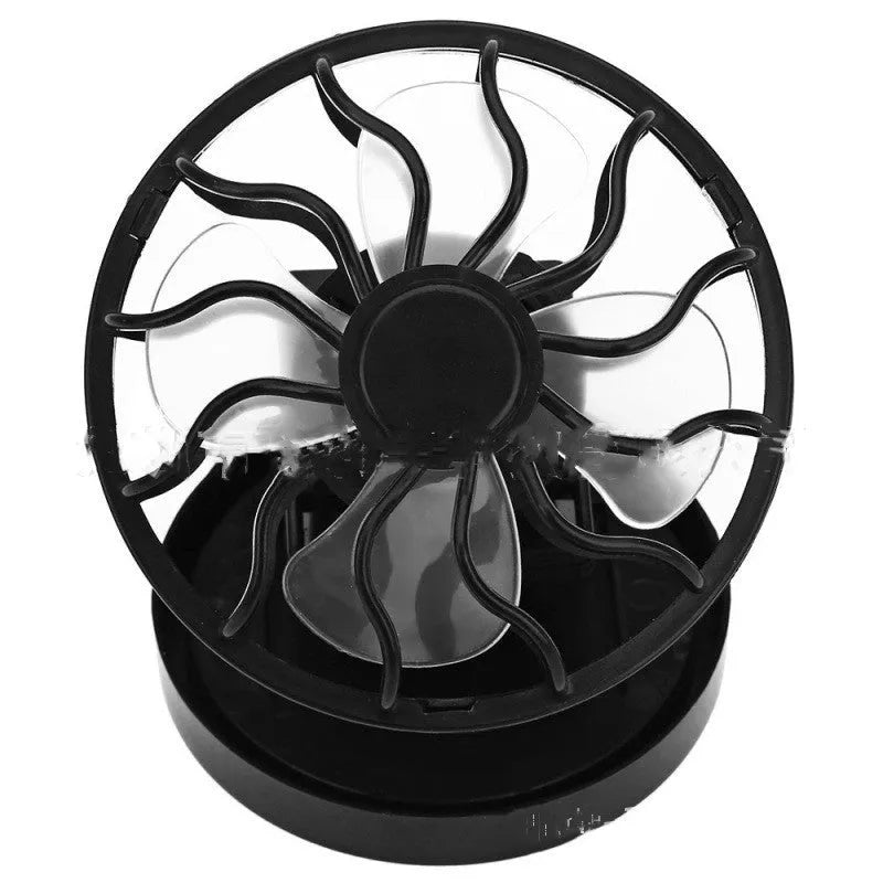 Black portable solar-powered clip-on cooling fan panel for outdoor use.