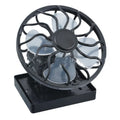 Black portable solar-powered clip-on cooling fan panel for outdoor use.
