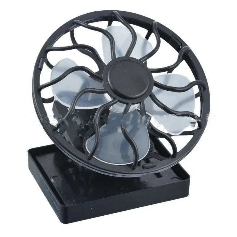 Black portable solar-powered clip-on cooling fan panel for outdoor use.