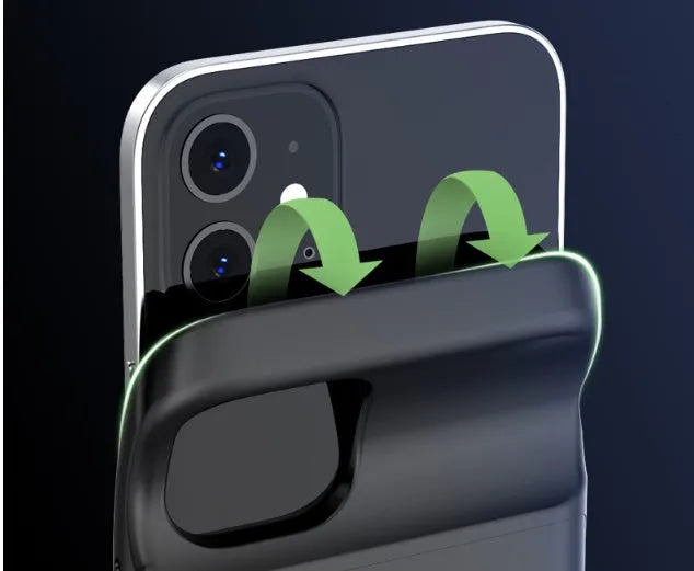 Black soft TPU back clip battery for iPhone 12 showing multiple USB ports and slim 18mm profile