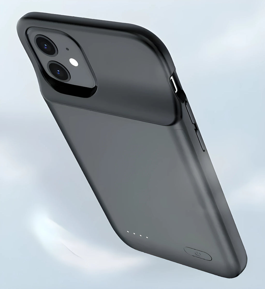 Black soft TPU back clip battery for iPhone 12 showing multiple USB ports and slim 18mm profile