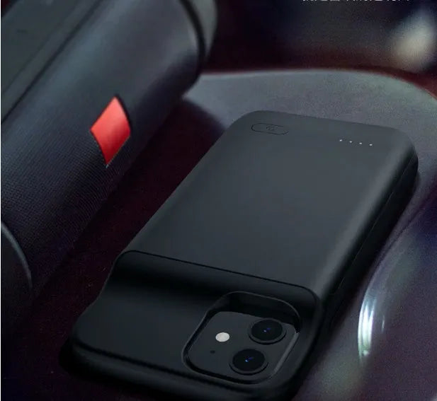 Black soft TPU back clip battery for iPhone 12 showing multiple USB ports and slim 18mm profile