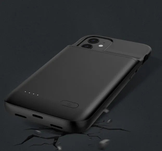 Black soft TPU back clip battery for iPhone 12 showing multiple USB ports and slim 18mm profile