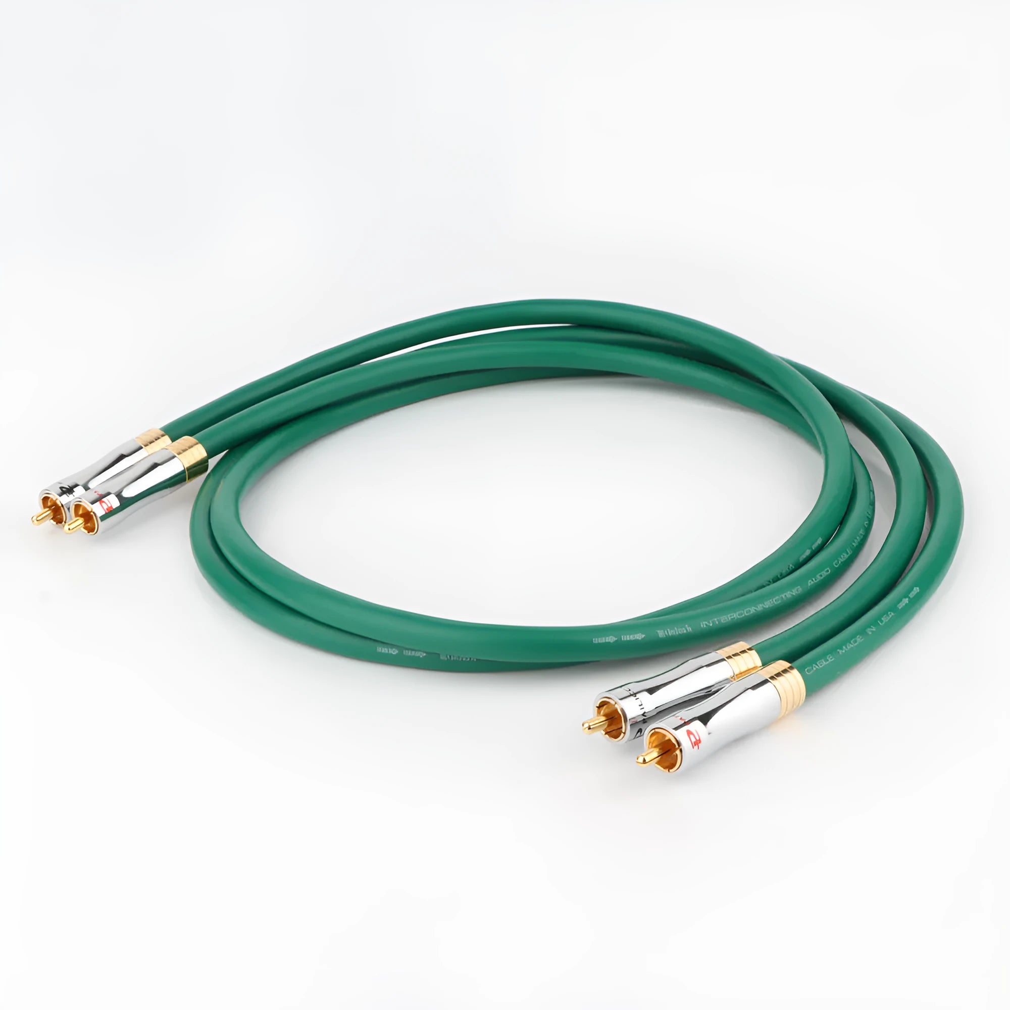 Silver and black RCA audio cable with Budweiser connectors for amplifier systems