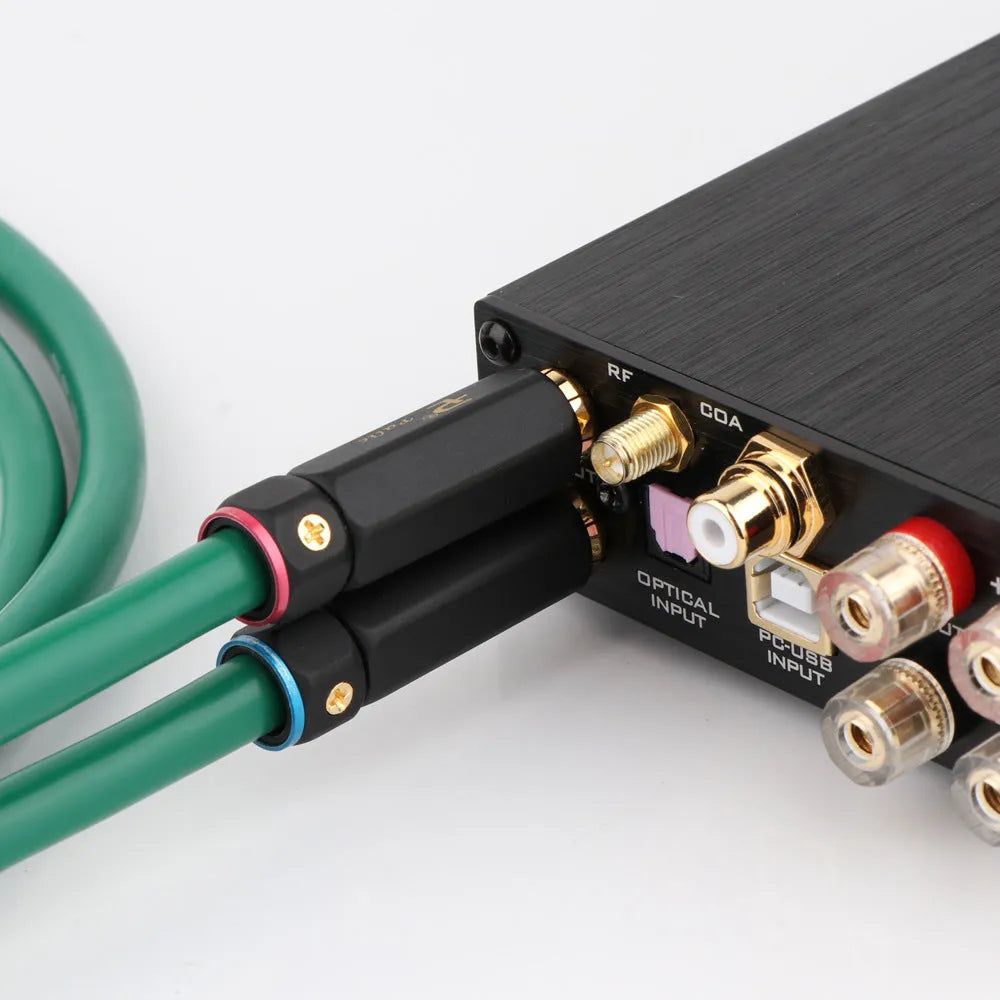 Silver and black RCA audio cable with Budweiser connectors for amplifier systems