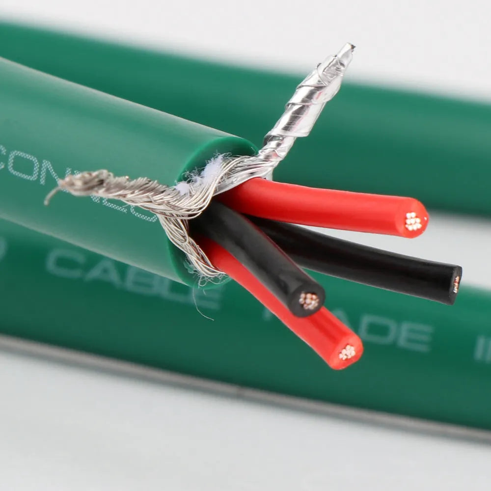 Silver and black RCA audio cable with Budweiser connectors for amplifier systems