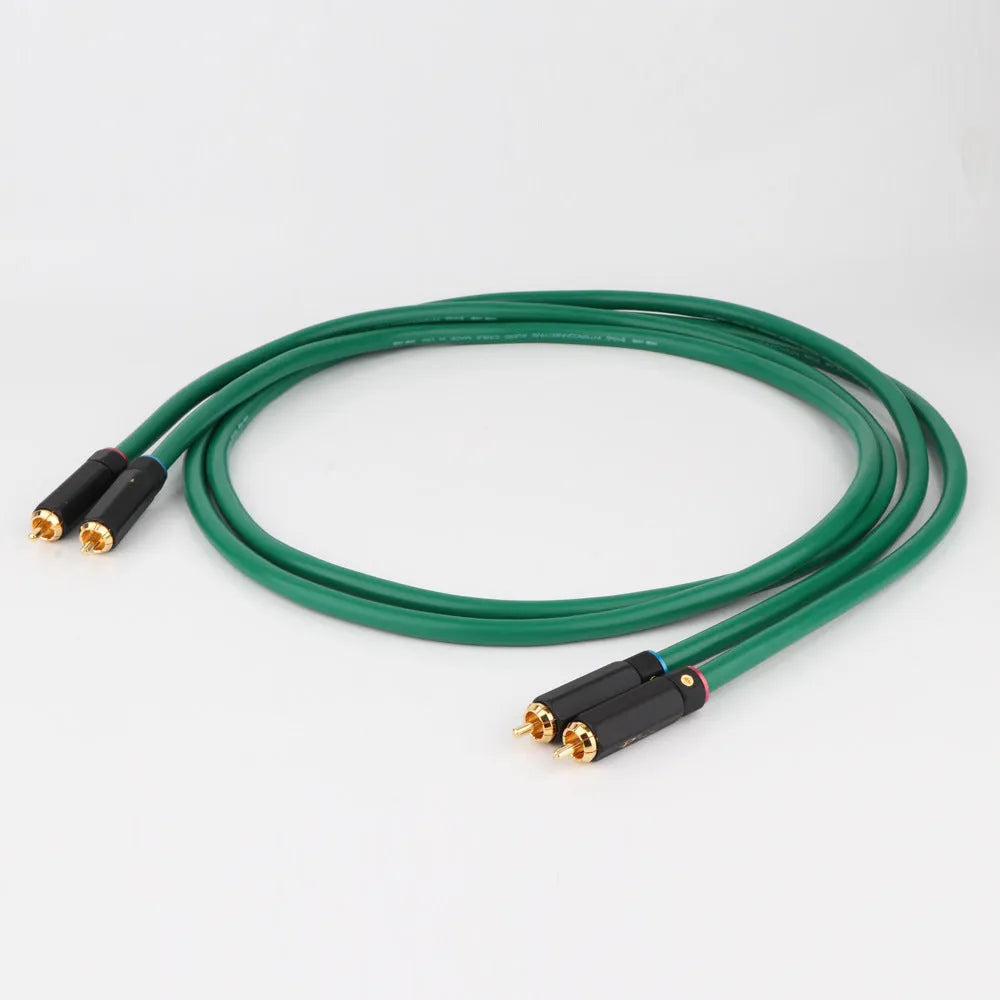 Silver and black RCA audio cable with Budweiser connectors for amplifier systems