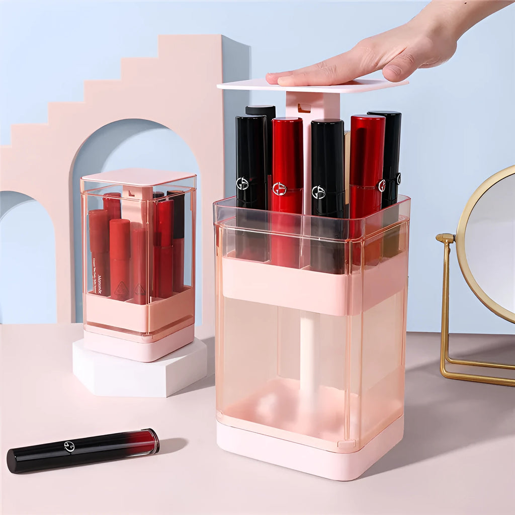White 12-grid press lift lipstick storage box made of ABS plastic with dust-proof cover on a desktop