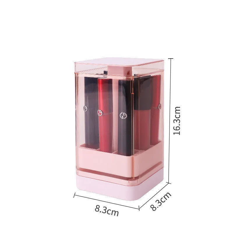 White 12-grid press lift lipstick storage box made of ABS plastic with dust-proof cover on a desktop