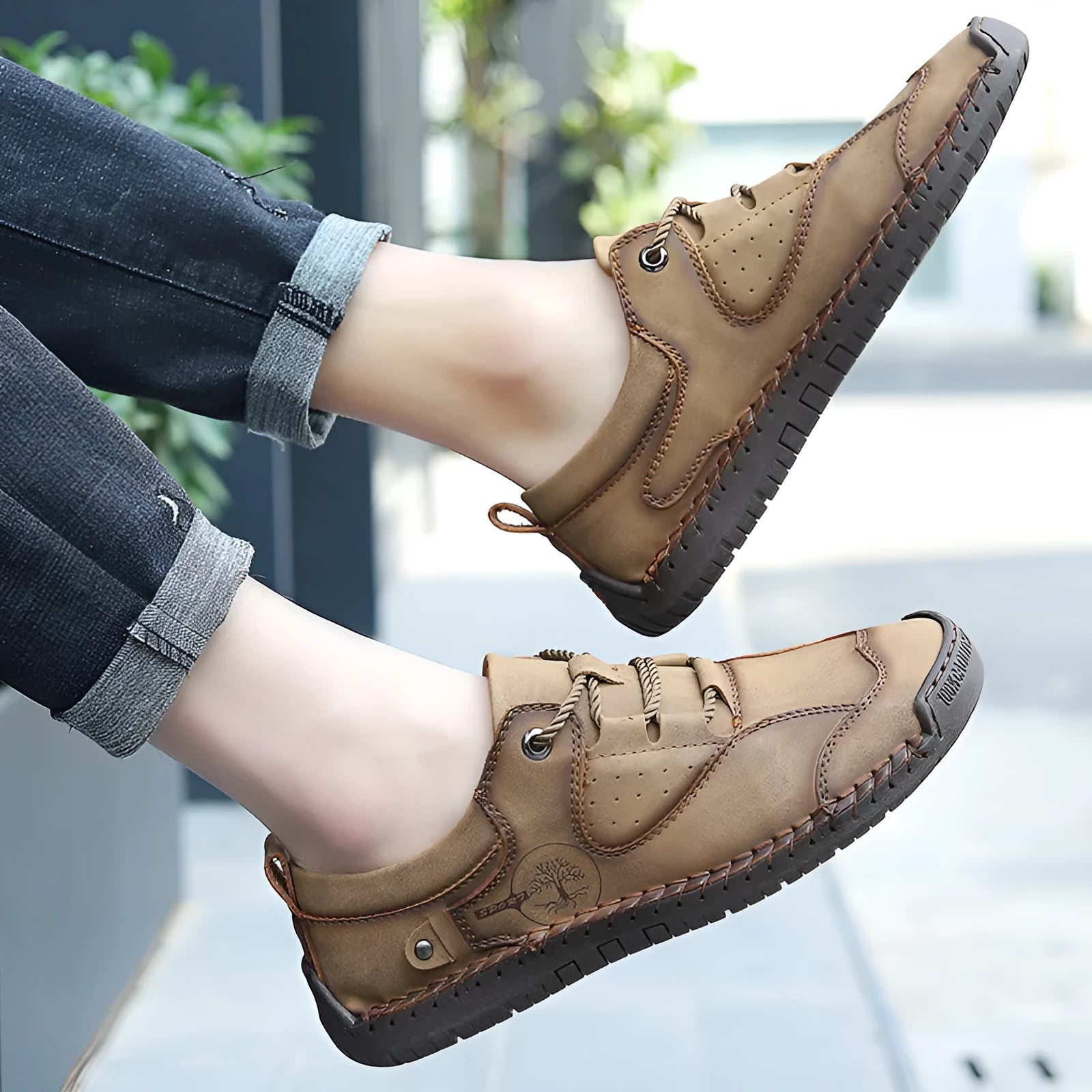 Men's casual microfiber leather shoes in black, gold and khaki with round toe design