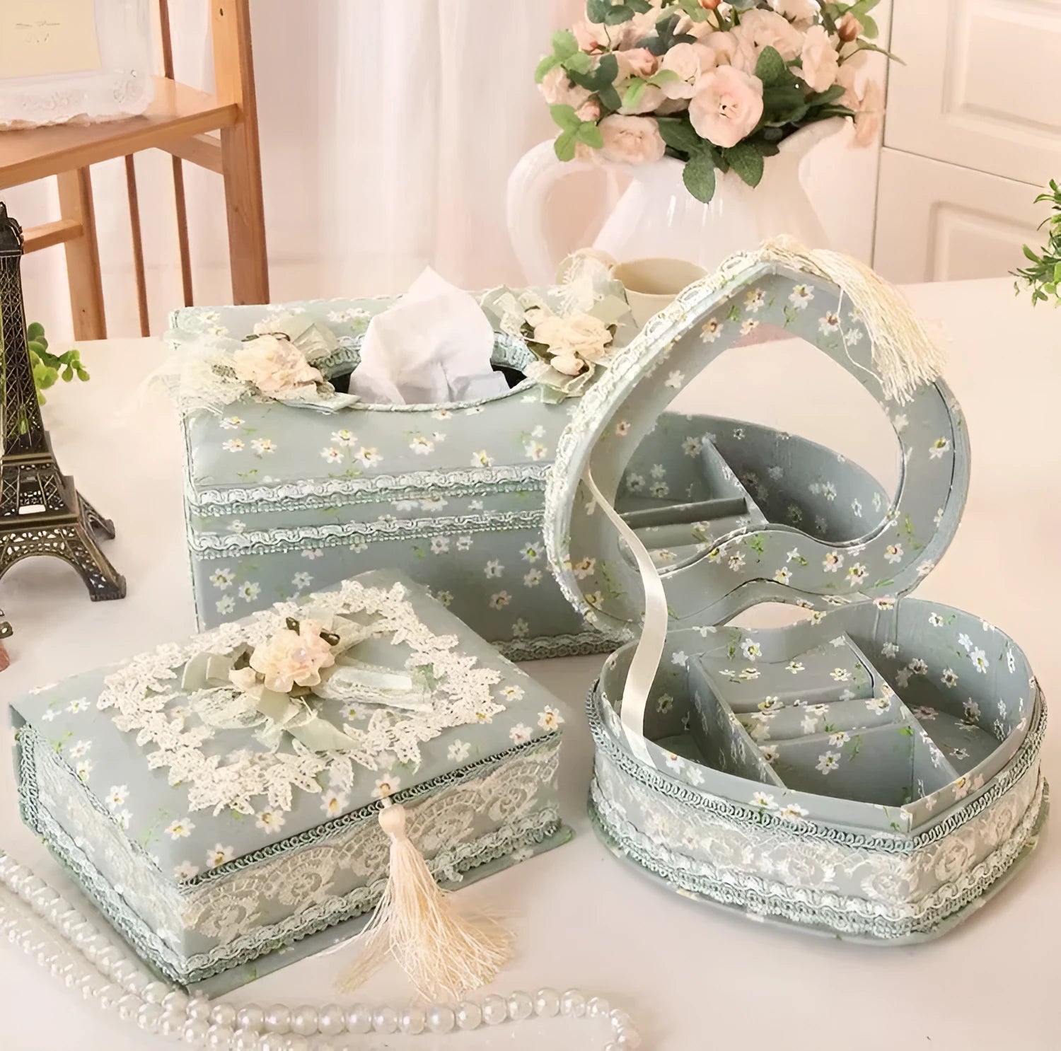 Ceramic tissue box and jewelry storage in apricot green and pink for earrings and rings