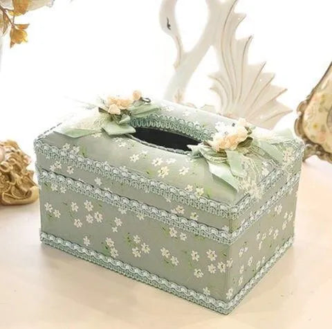 Ceramic tissue box and jewelry storage in apricot green and pink for earrings and rings