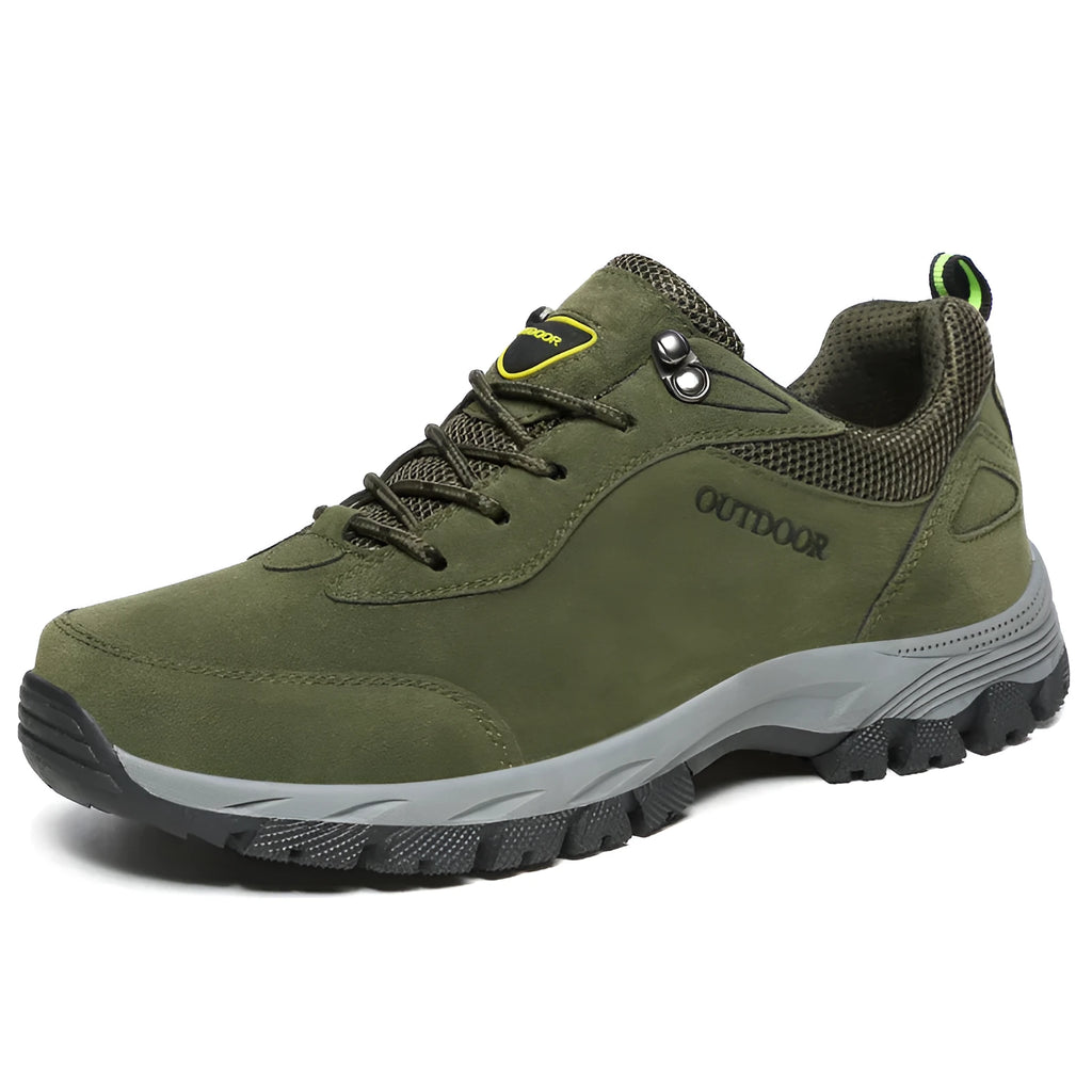 Men's army green low-top hiking shoes on a neutral background, showing the casual design and tread.