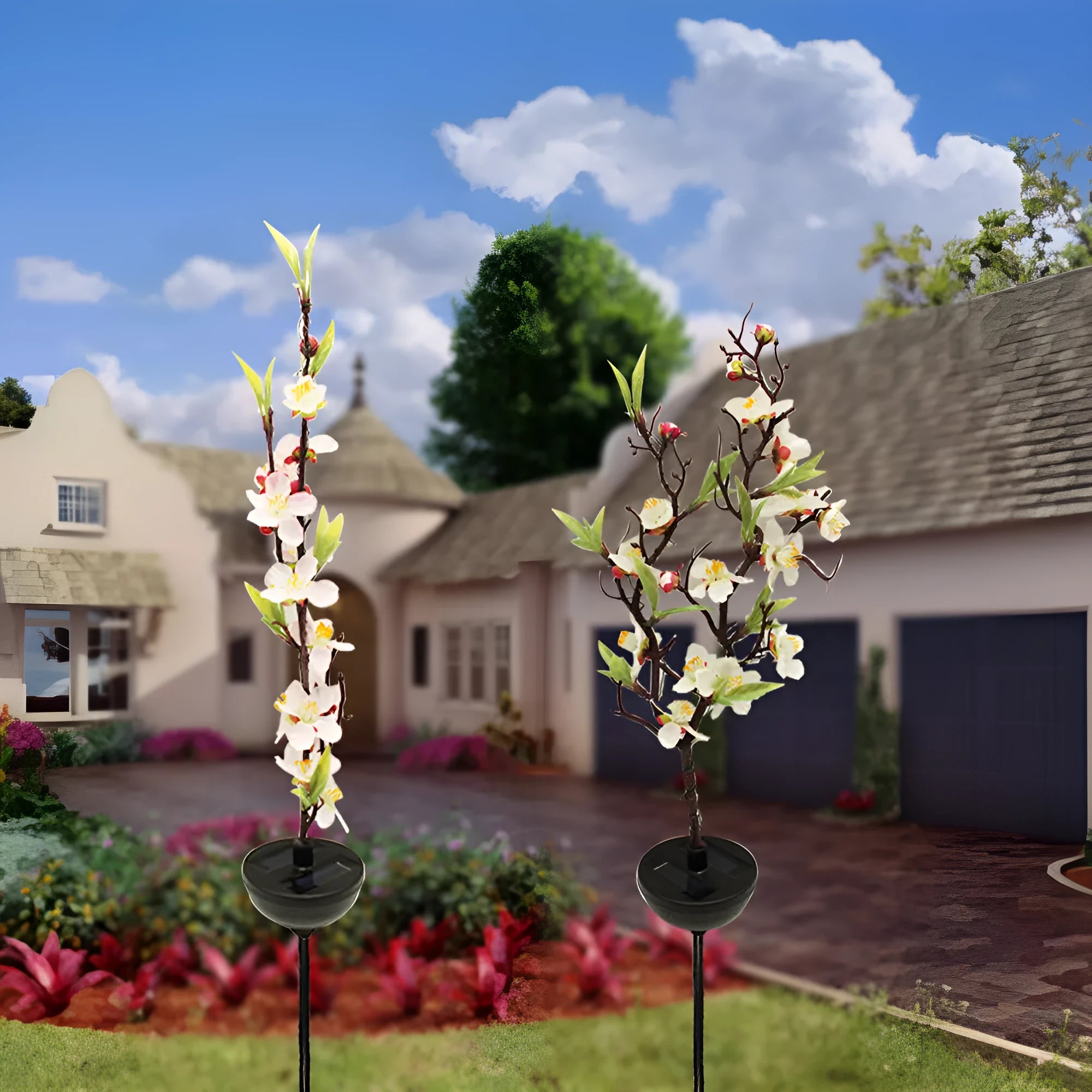 Solar-powered cherry firework string lights with ground stakes for outdoor garden decoration
