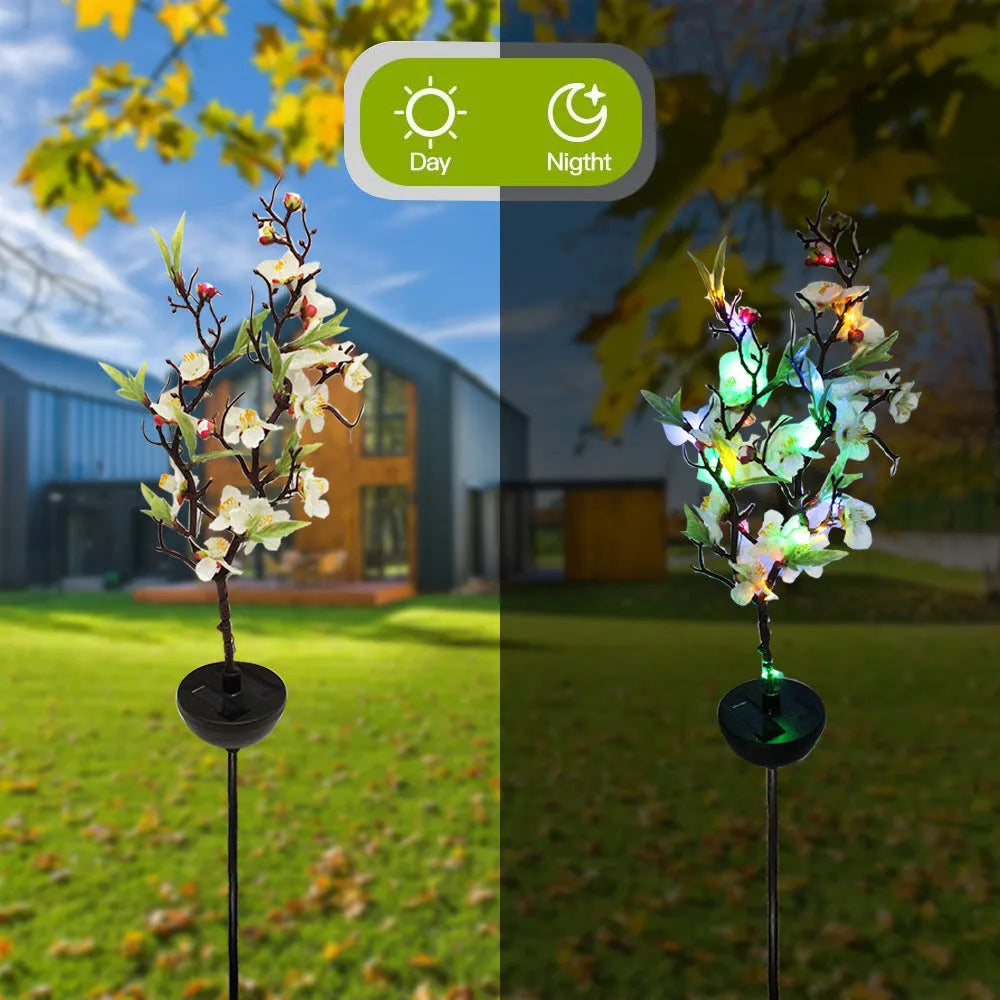 Solar-powered cherry firework string lights with ground stakes for outdoor garden decoration