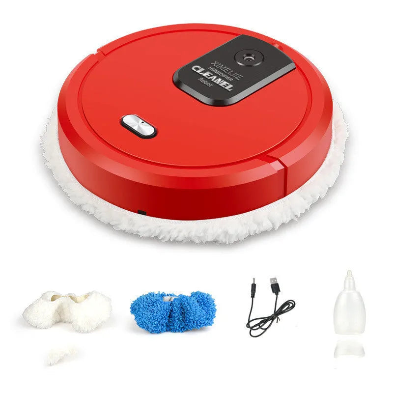 Automatic sweeping and mopping robot cleaner on a home floor in a choice of colours.