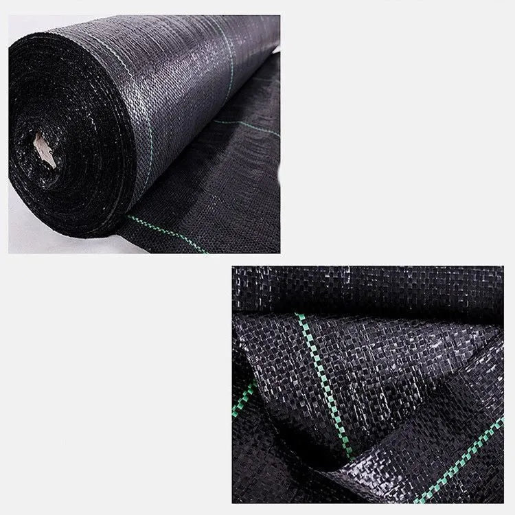 Black polyethylene weed-proof cloth laid out on soil for greenhouse or farmland ground cover.