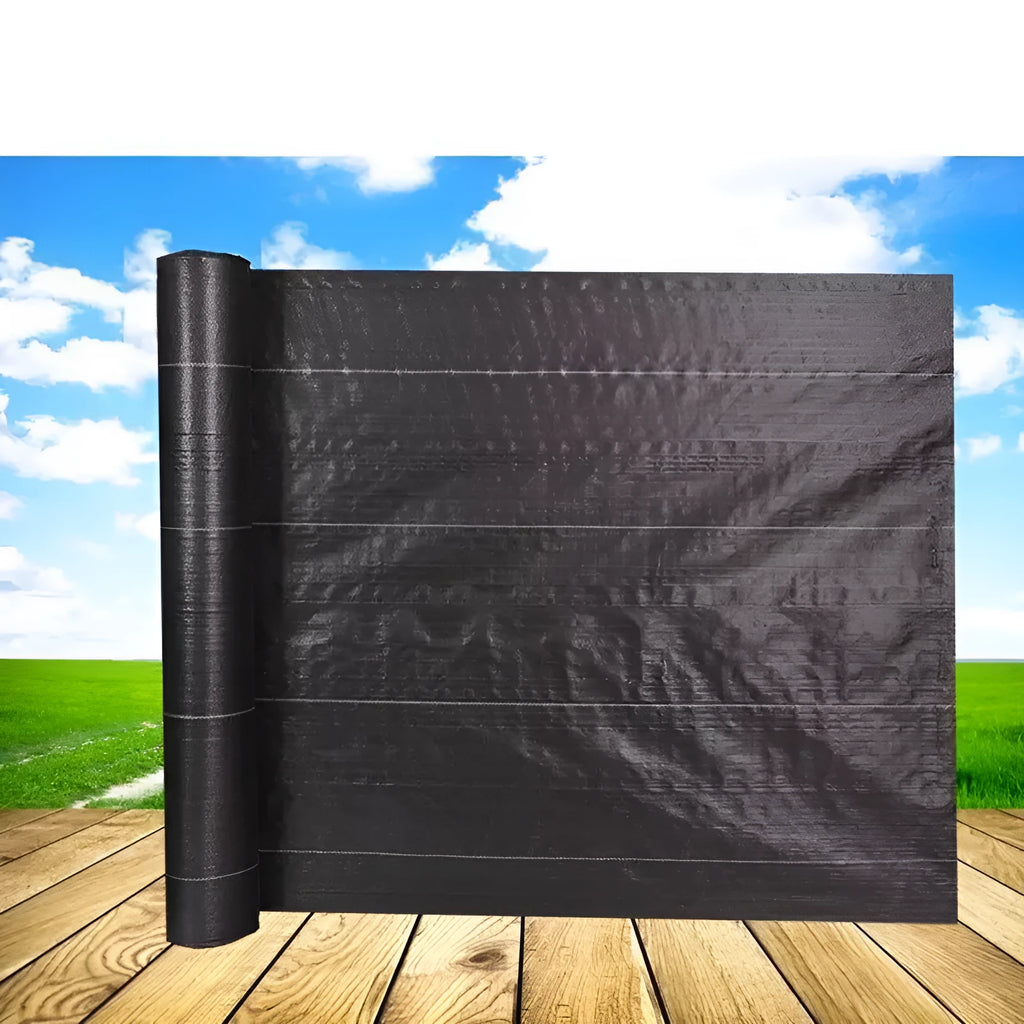 Black polyethylene weed-proof cloth laid out on soil for greenhouse or farmland ground cover.