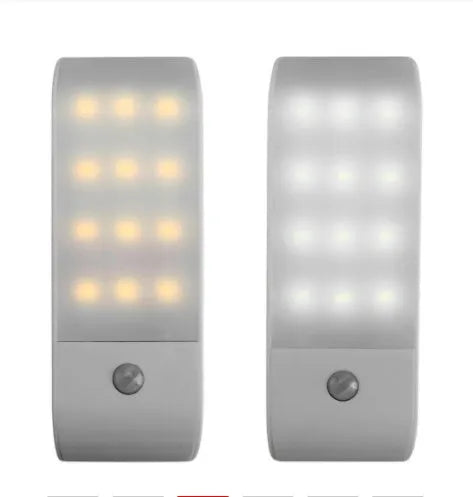 Rechargeable human body sensor LED night light with PVC shade showing white and yellow light options