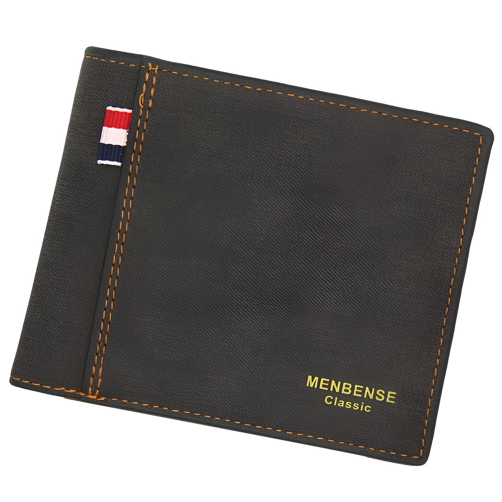 Men's tri-fold leather wallet showing black, navy blue, dark brown and light brown colour options