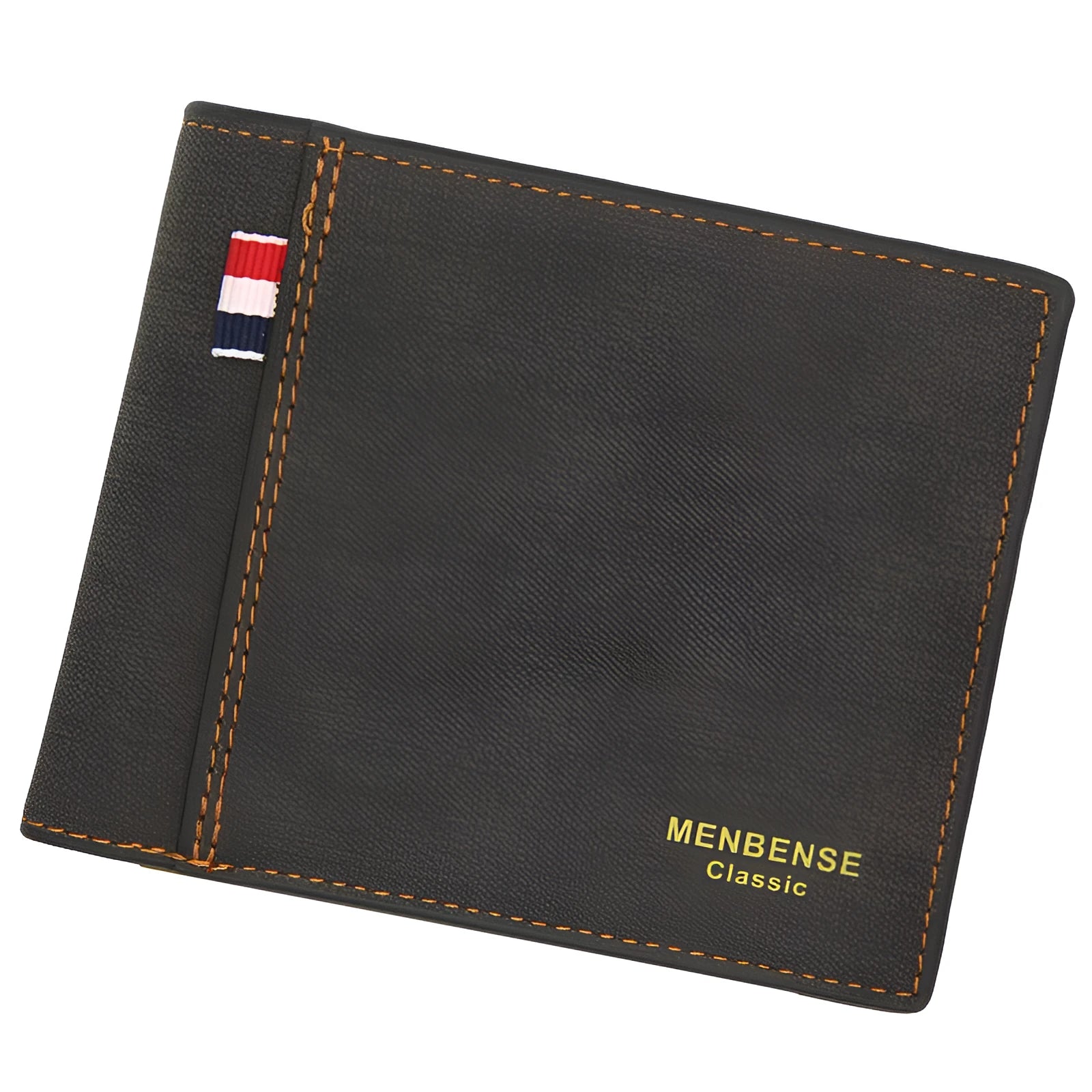 Men's tri-fold leather wallet showing black, navy blue, dark brown and light brown colour options