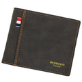 Men's tri-fold leather wallet showing black, navy blue, dark brown and light brown colour options