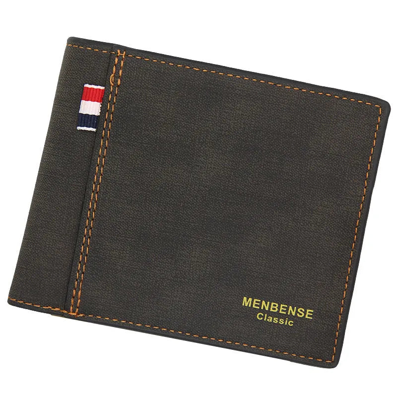 Men's tri-fold leather wallet showing black, navy blue, dark brown and light brown colour options