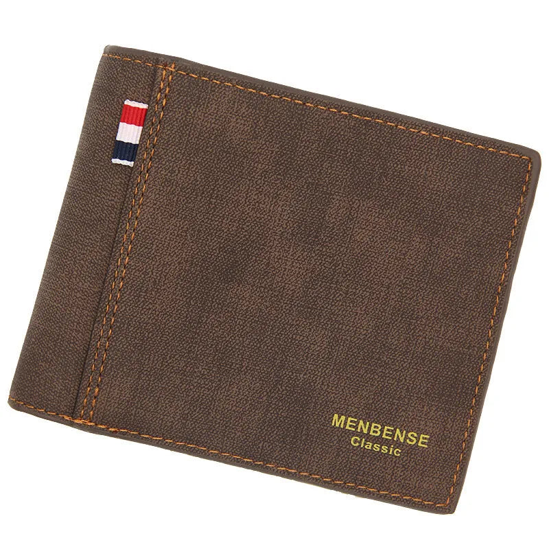 Men's tri-fold leather wallet showing black, navy blue, dark brown and light brown colour options