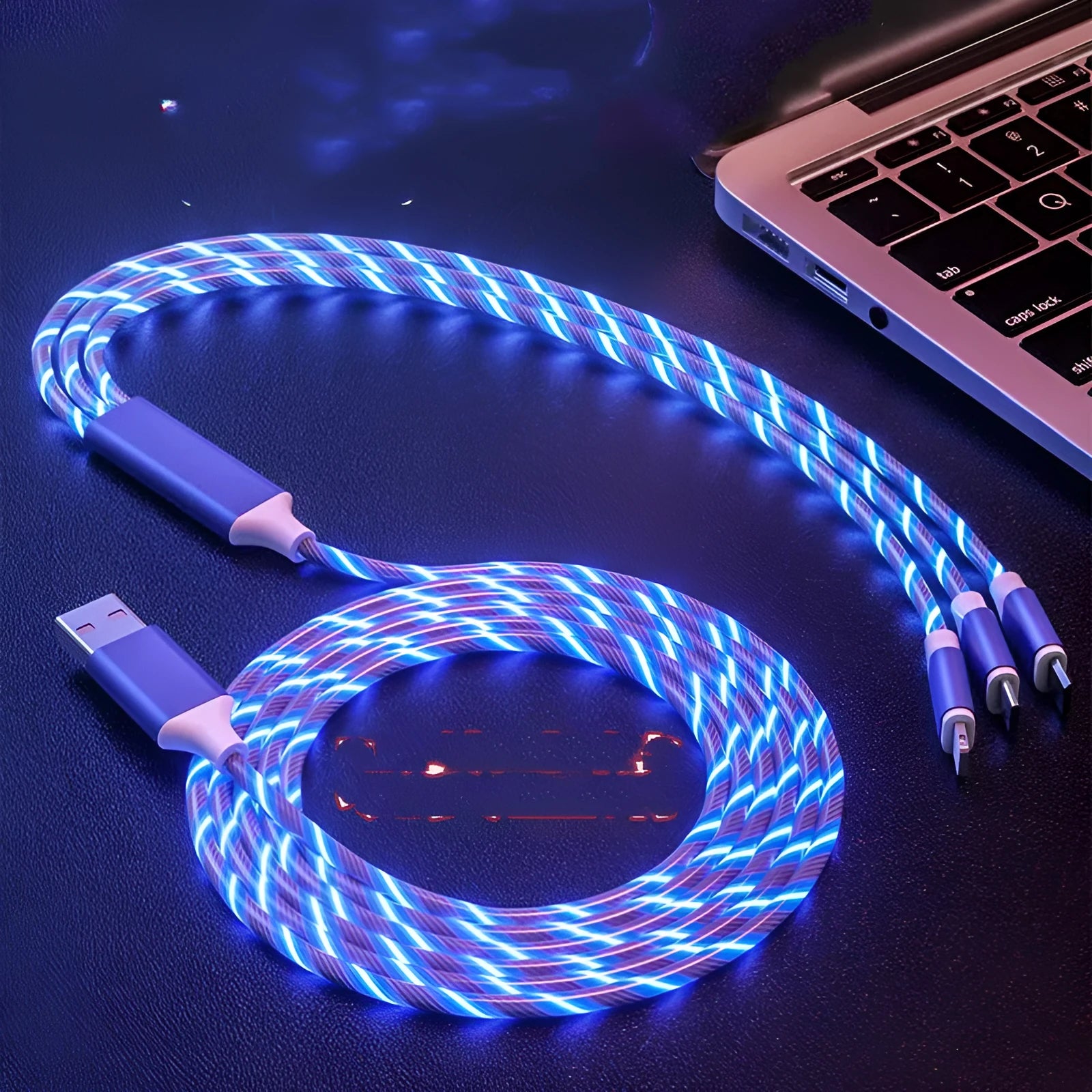 Colourful one-for-three USB data cable with marquee streamers showing three connection points