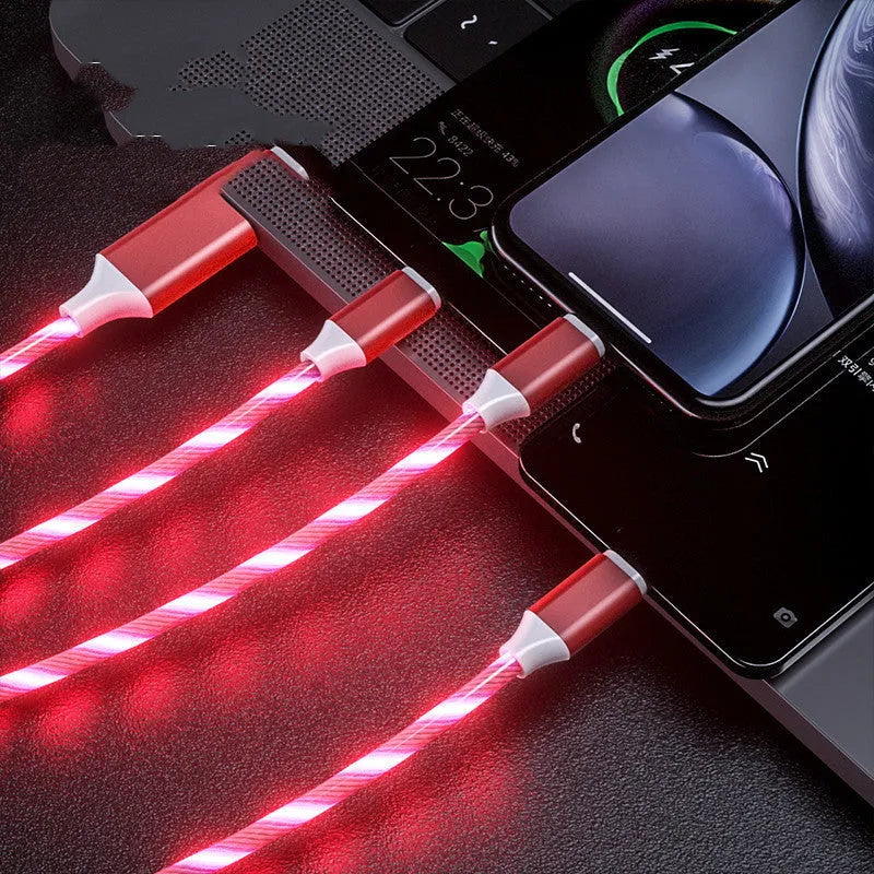Colourful one-for-three USB data cable with marquee streamers showing three connection points