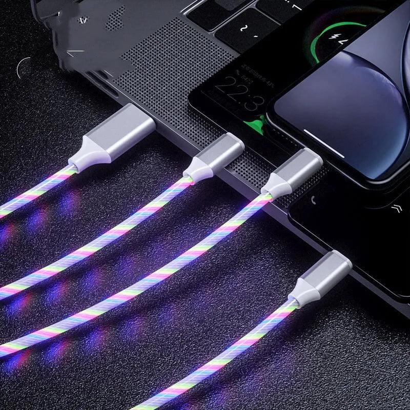 Colourful one-for-three USB data cable with marquee streamers showing three connection points
