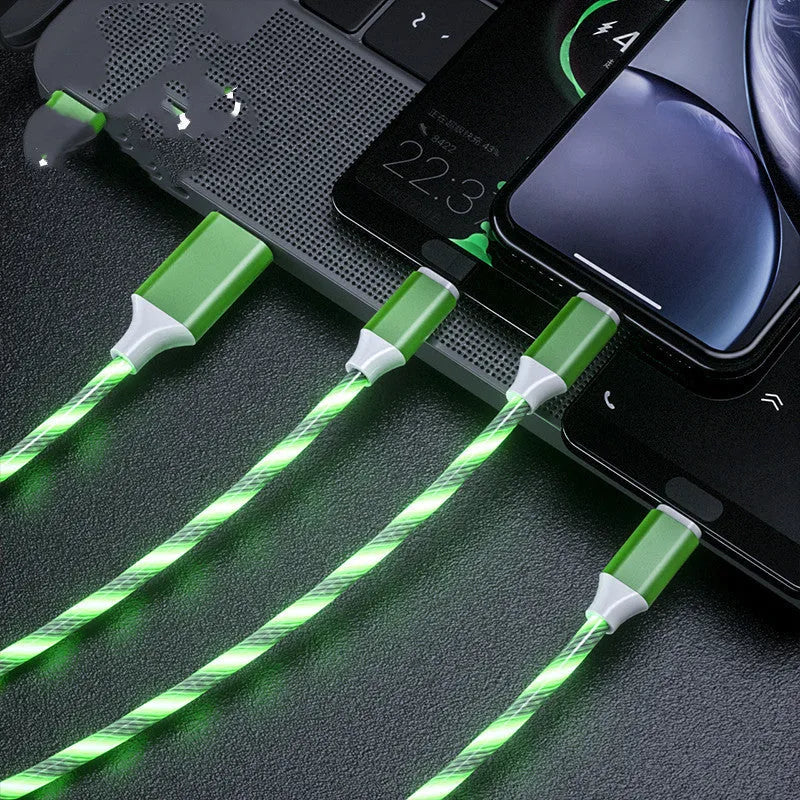 Colourful one-for-three USB data cable with marquee streamers showing three connection points