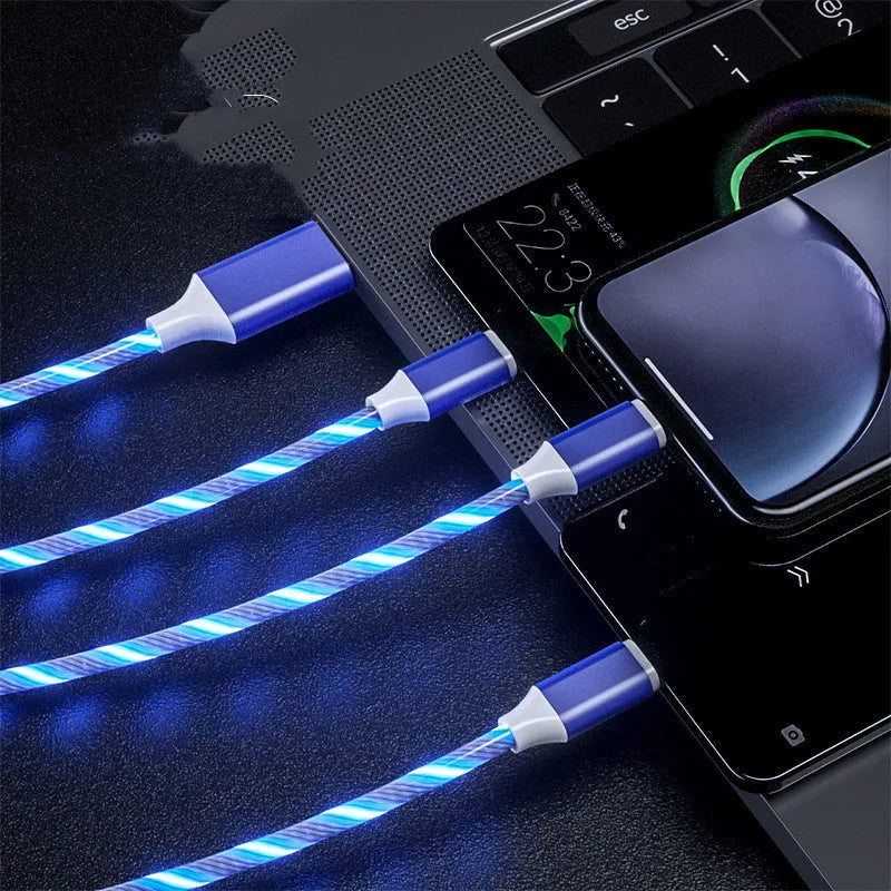Colourful one-for-three USB data cable with marquee streamers showing three connection points