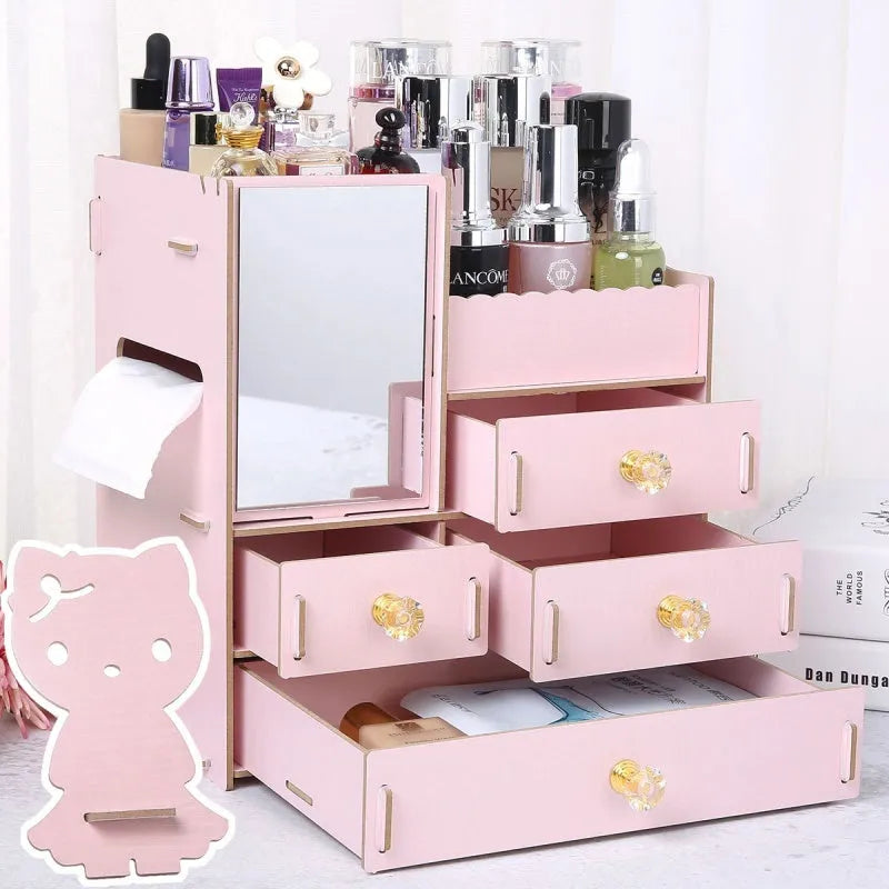 Wooden cosmetic storage box with drawers and dividers in decorative finish options