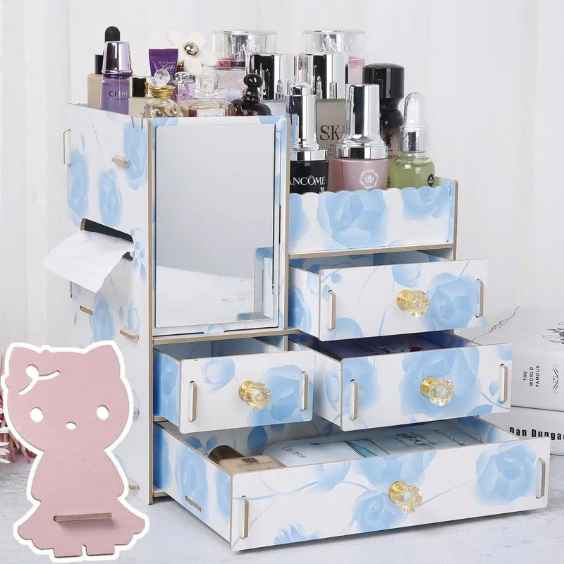 Wooden cosmetic storage box with drawers and dividers in decorative finish options