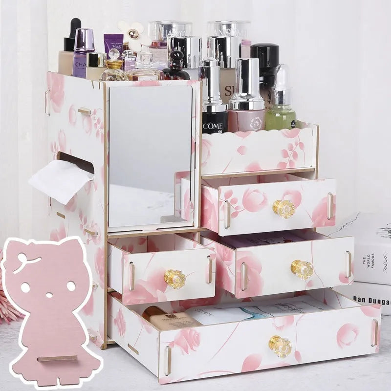Wooden cosmetic storage box with drawers and dividers in decorative finish options