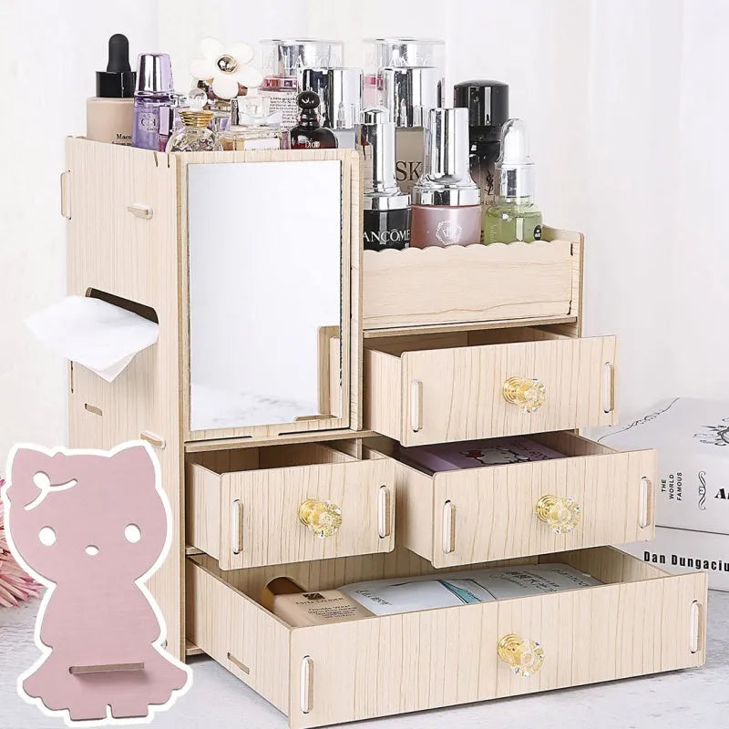 Wooden cosmetic storage box with drawers and dividers in decorative finish options